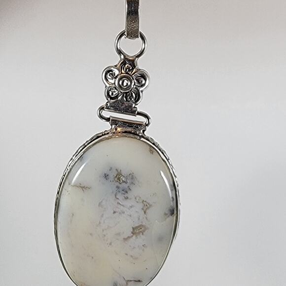 Handmade Silver Pendant With White Dendritic Opal & Floral Bail Detailing - Picture 2 of 10